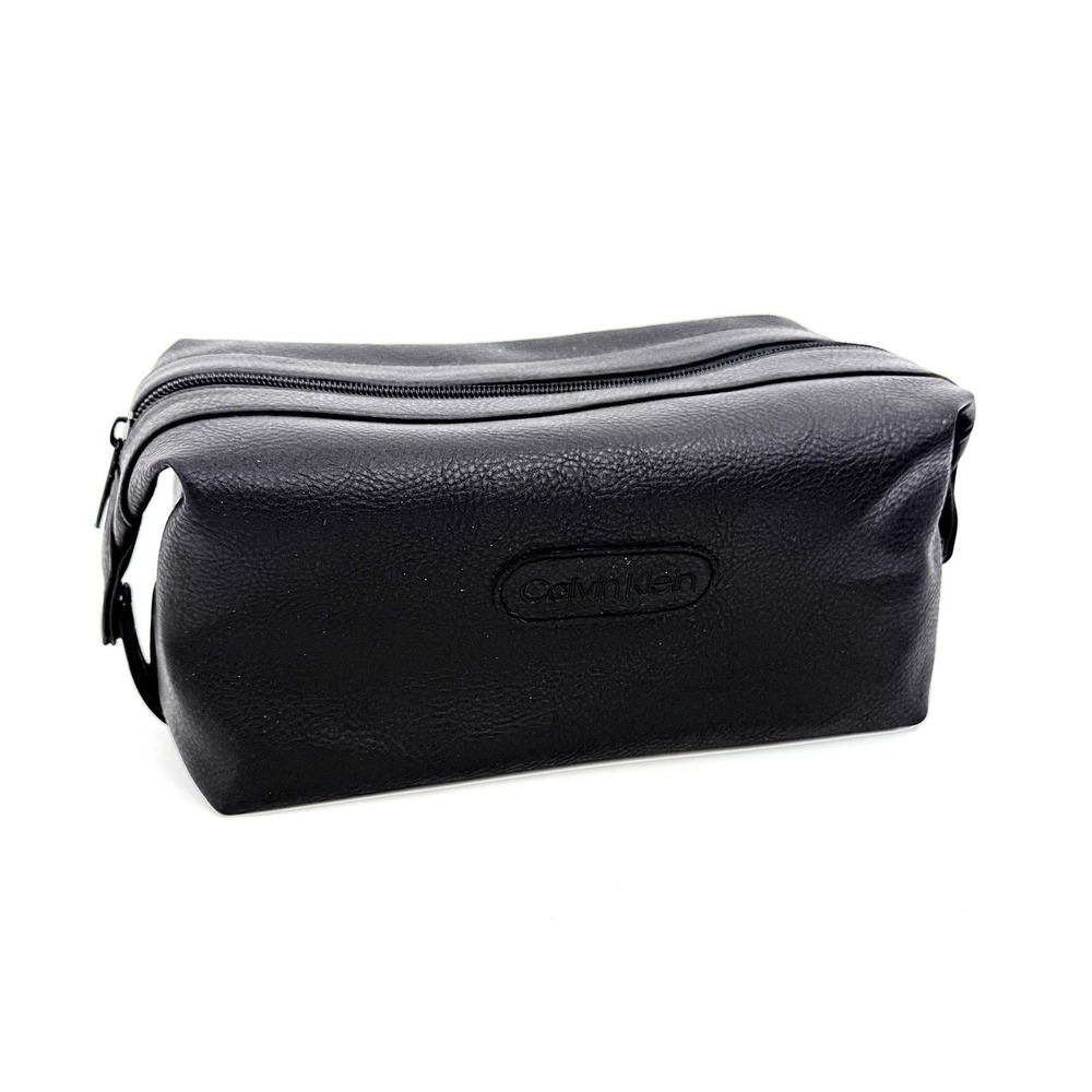 Calvin Klein Black Dop Kit Toiletry Bag Cosmetic Case Travel Pebble Faux 5" X10"